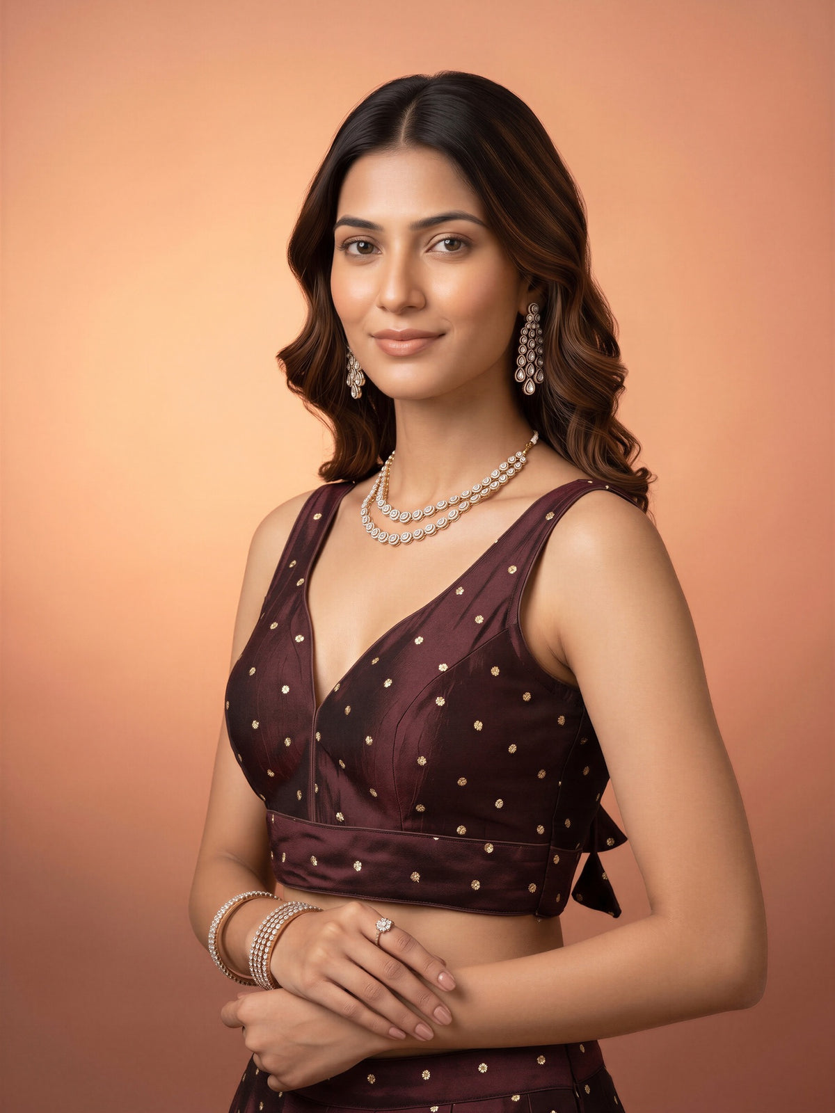 Brown sequin embellished silk blend sleeveless readymade saree blouse with v neck view 2
