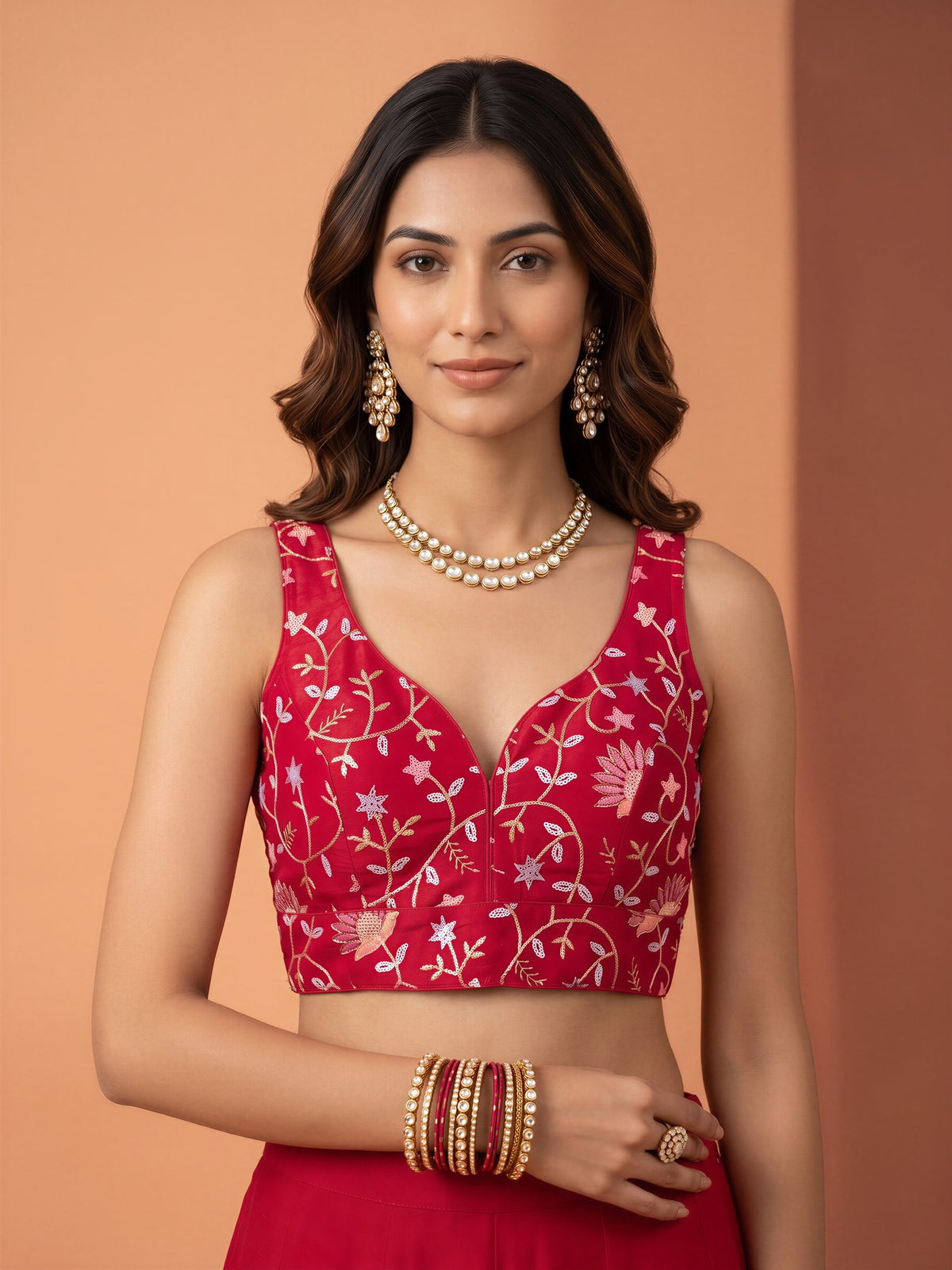 Pink sequin embellished satin sleeveless readymade saree blouse with deep v neck