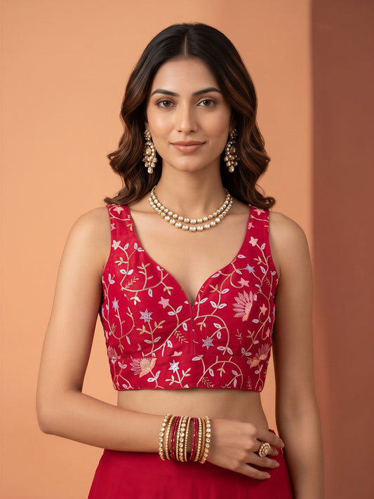 Pink sequin embellished satin sleeveless readymade saree blouse with deep v neck