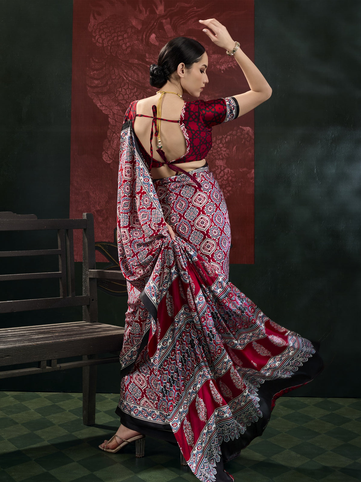 Maroon satin saree view 4