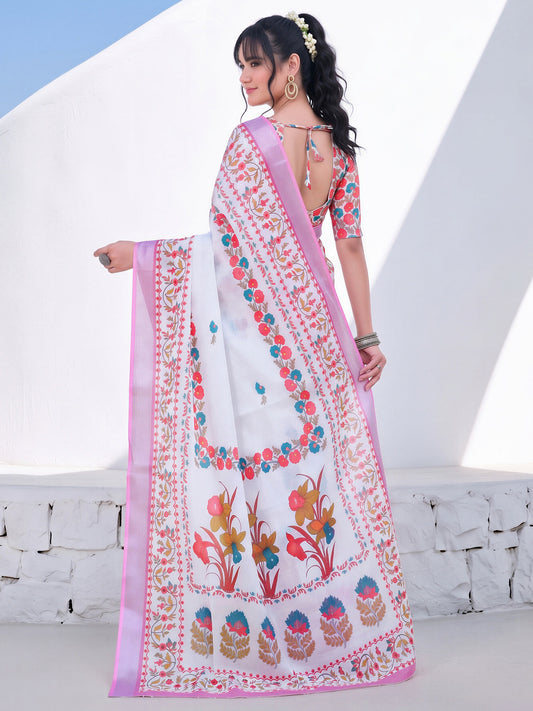 White Cotton Linen saree – detail view 1