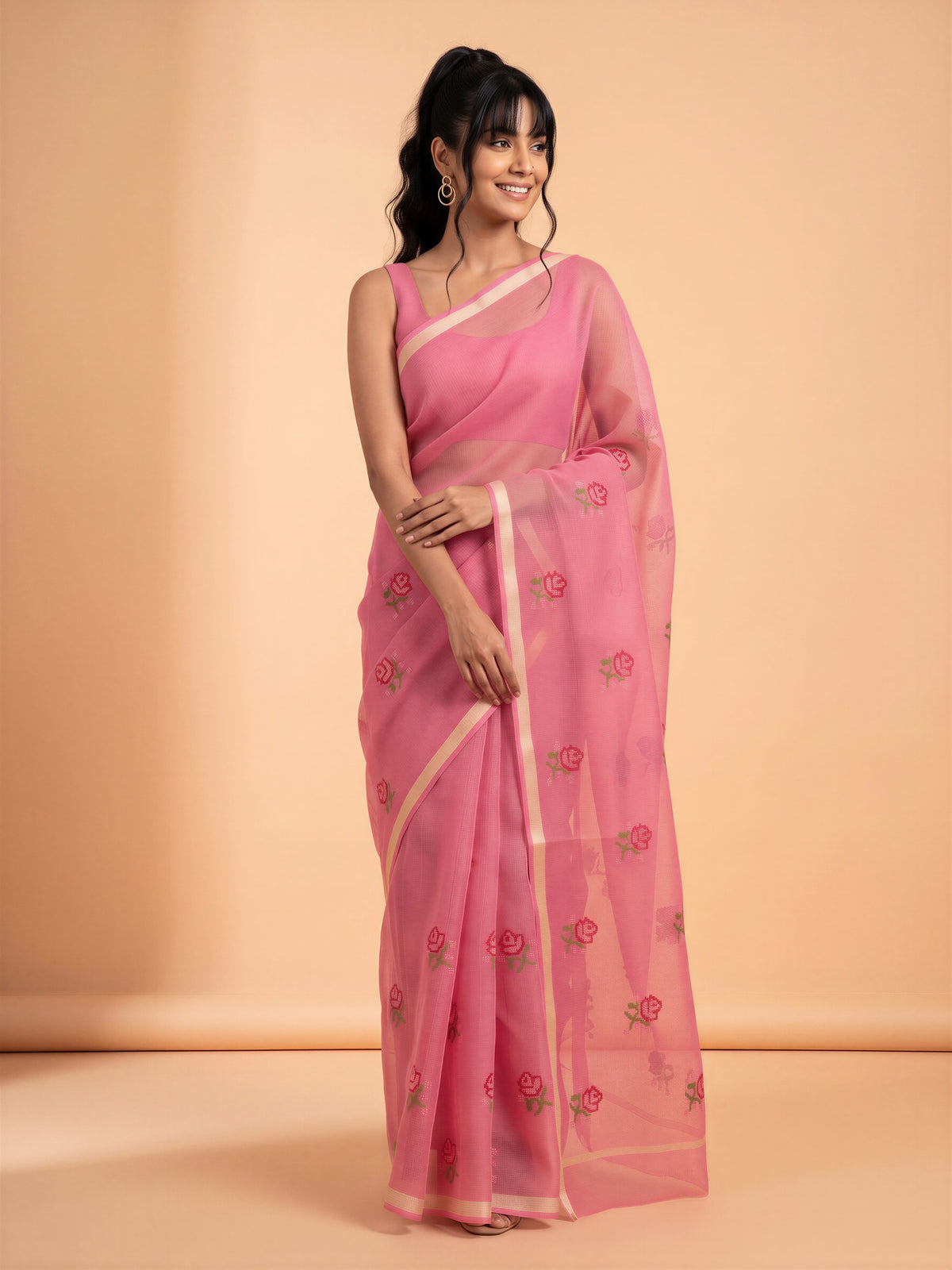 Pink Kota Doria Cotton saree – detail view 3