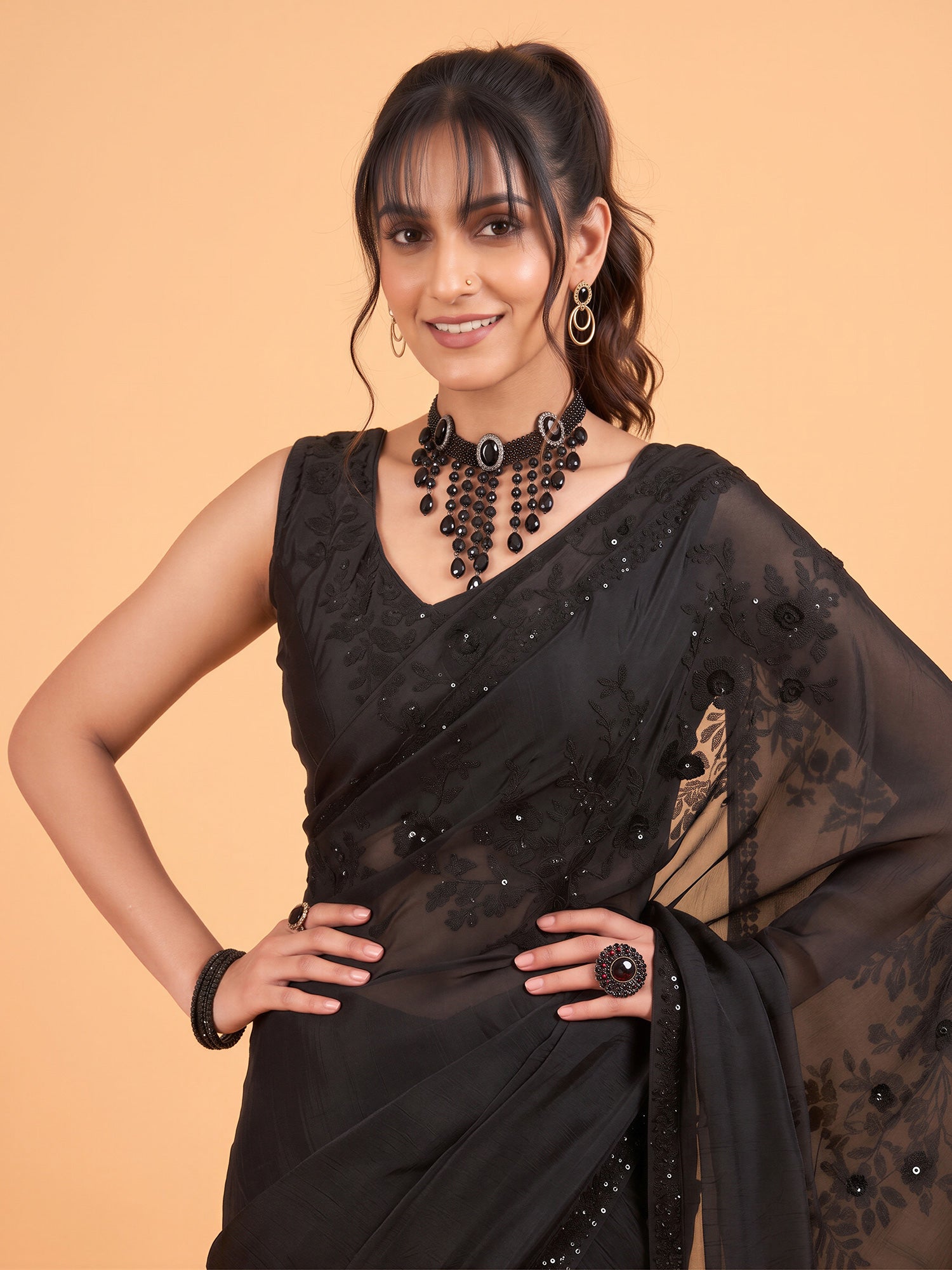Black Satin Silk saree – detail view 4