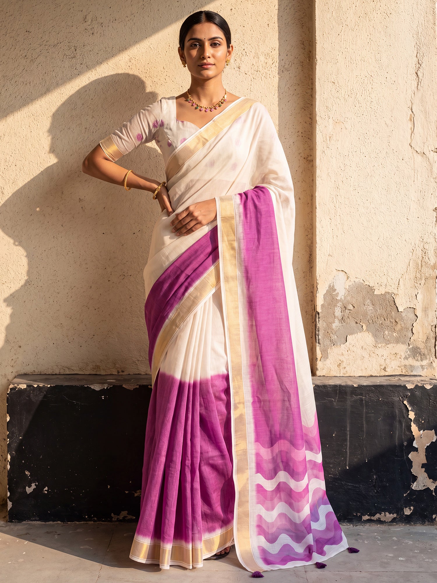 Woman wearing purple linen saree with ombre graded colour work and white blouse