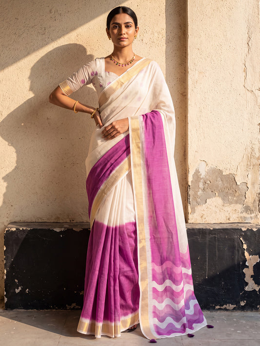 Woman wearing purple linen saree with ombre graded colour work and white blouse