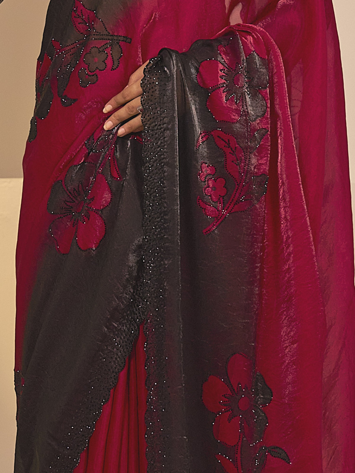 Red satin silk saree view 5