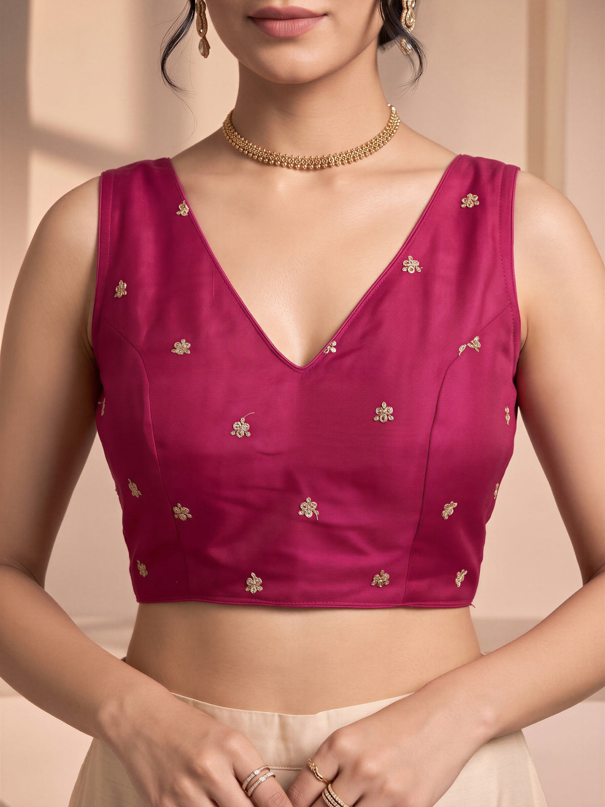 Pink sequin embellished vichitra silk sleeveless readymade saree blouse with v neck view 4