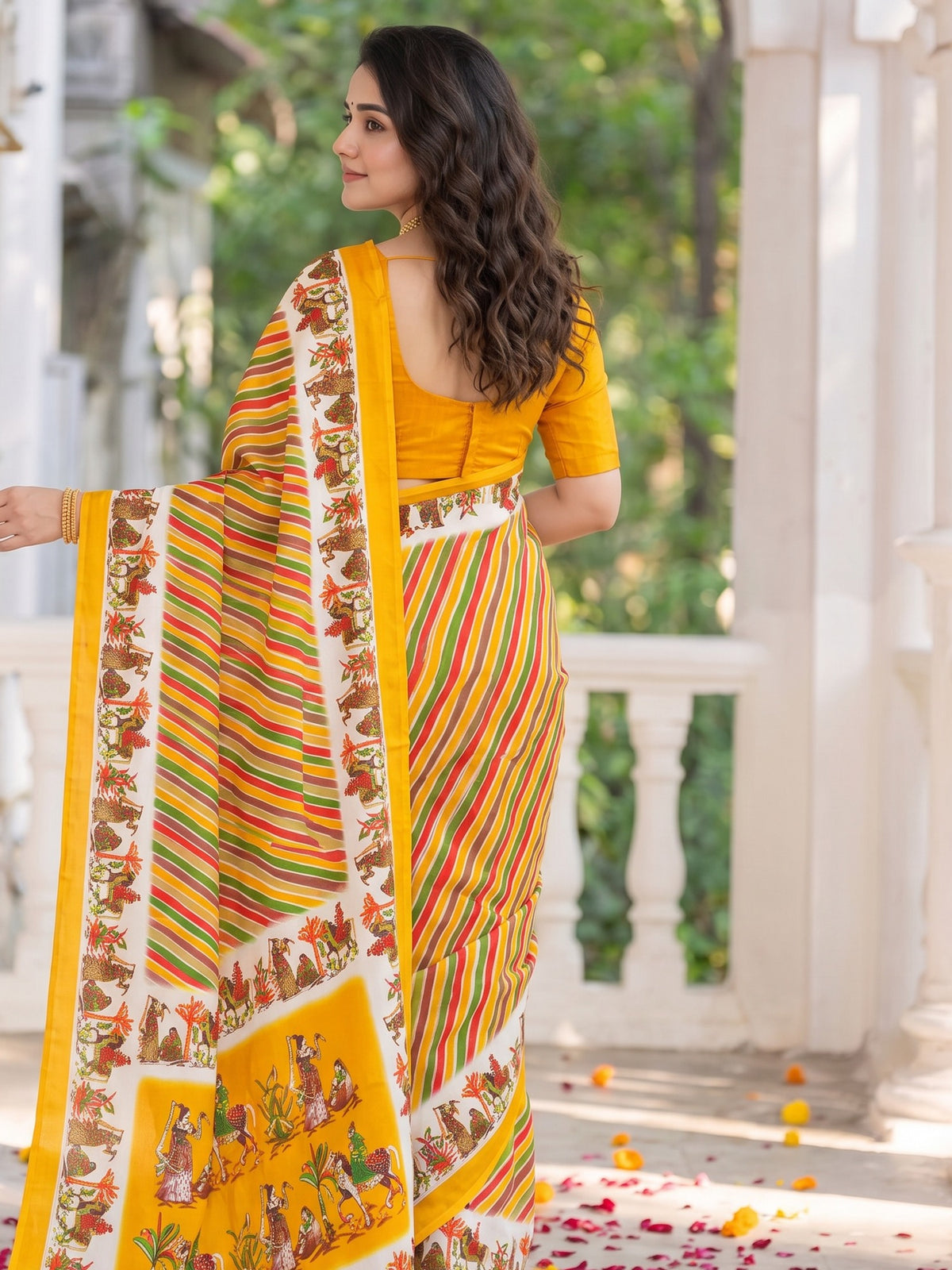 Yellow crepe saree view 4