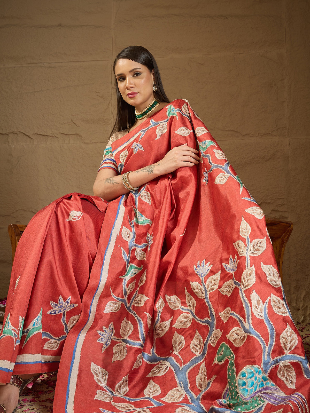 Rust art silk saree view 4