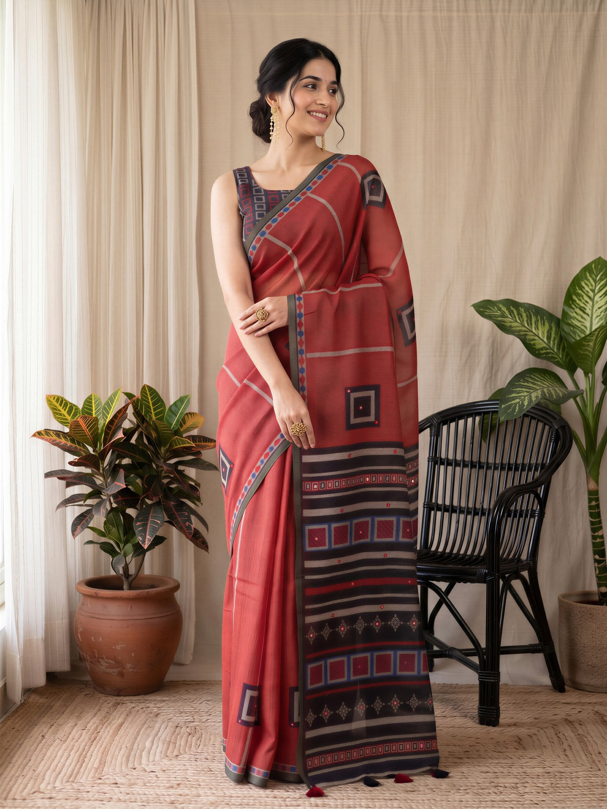 Rust Linen Blend saree – detail view 3