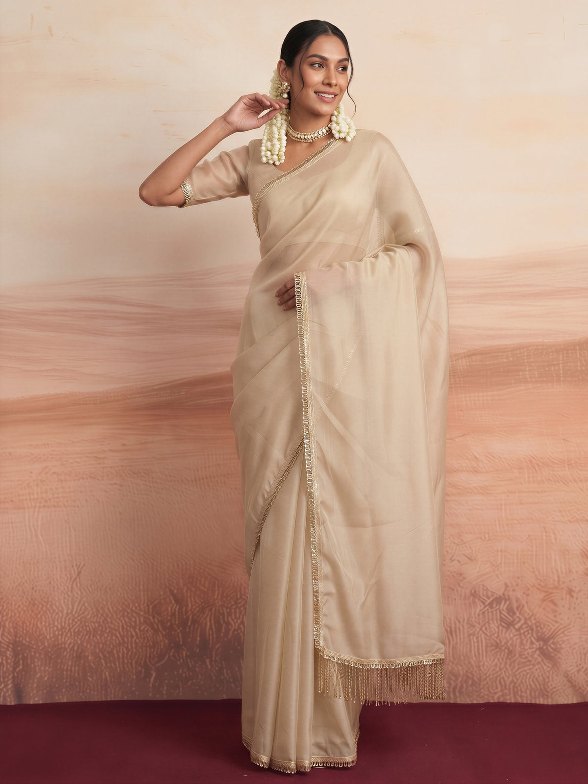 Cream satin silk saree view 3