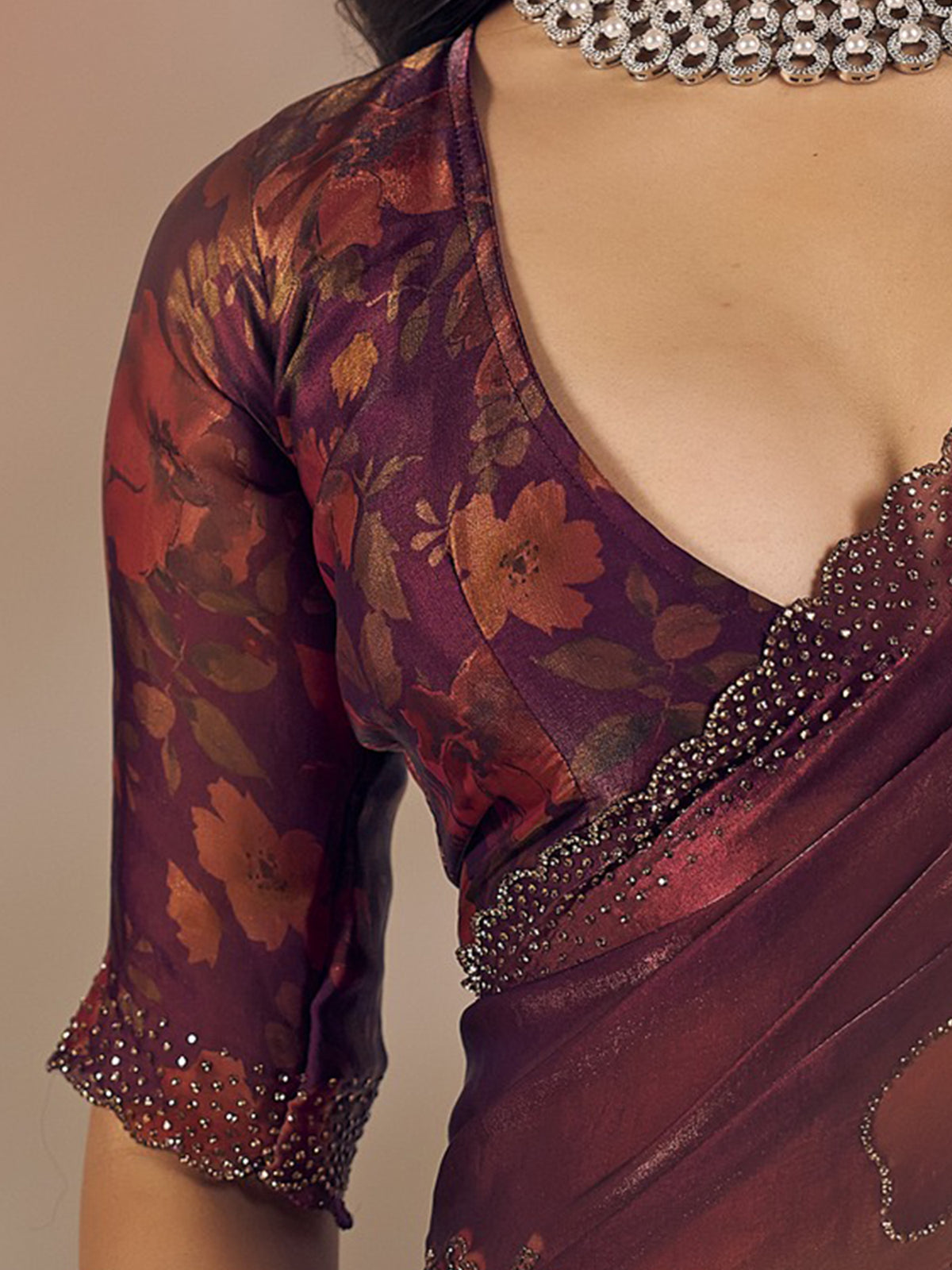 Unstitched wine satin silk blouse piece with floral design