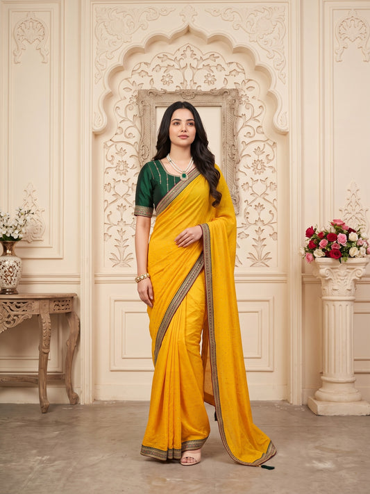 Woman wearing mustard vichitra silk saree with ornamented surface design and green blouse