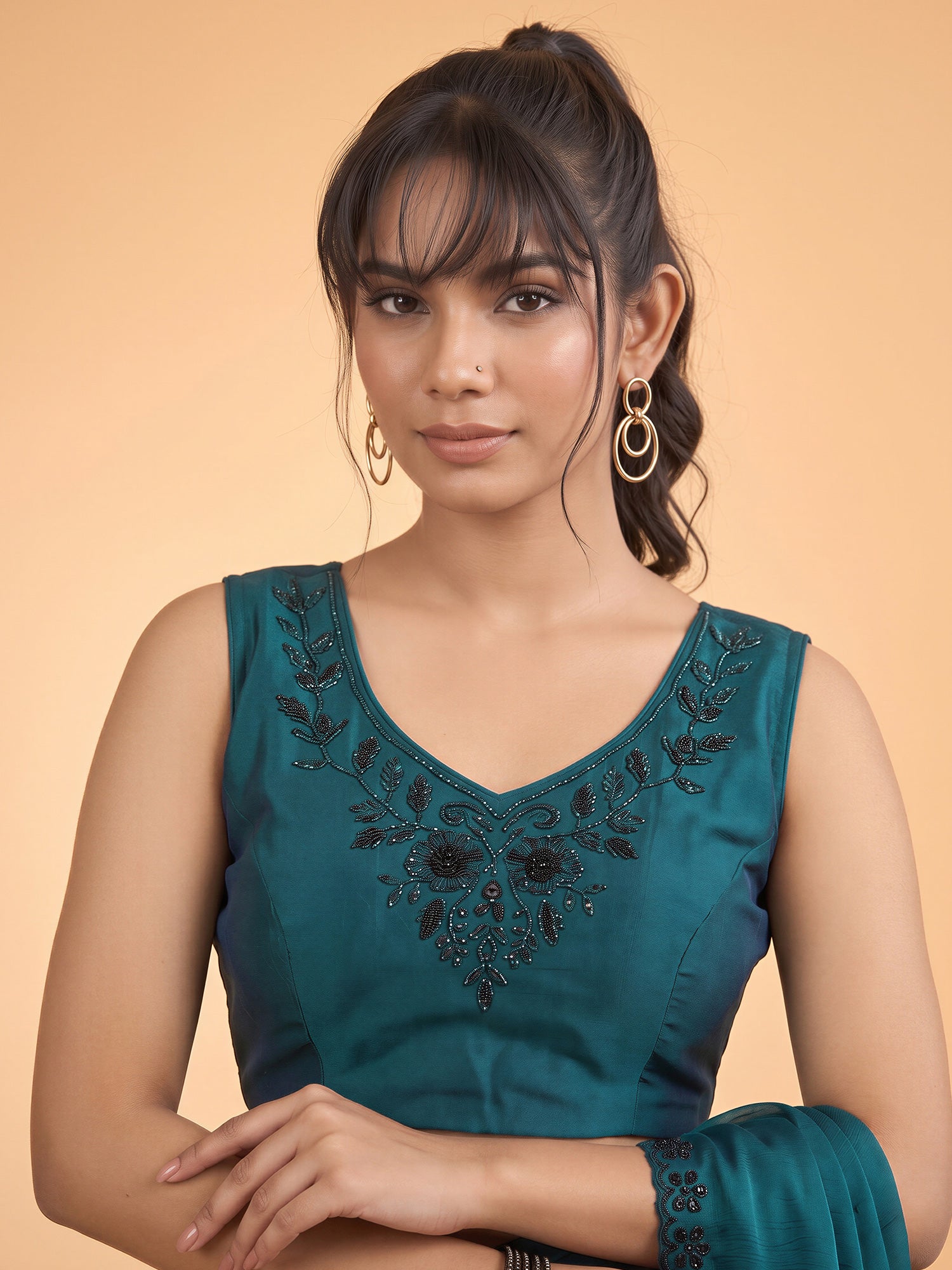 Unstitched teal green satin silk blouse piece with embellished design