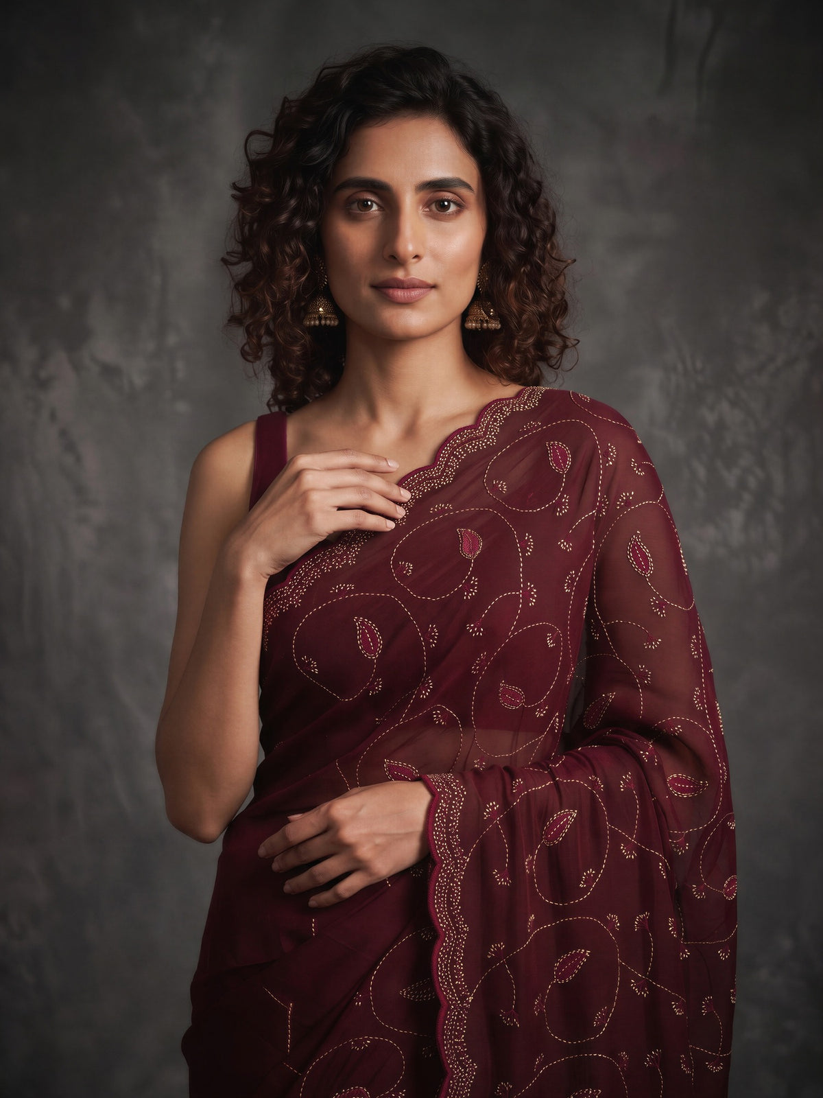 Wine satin saree view 4