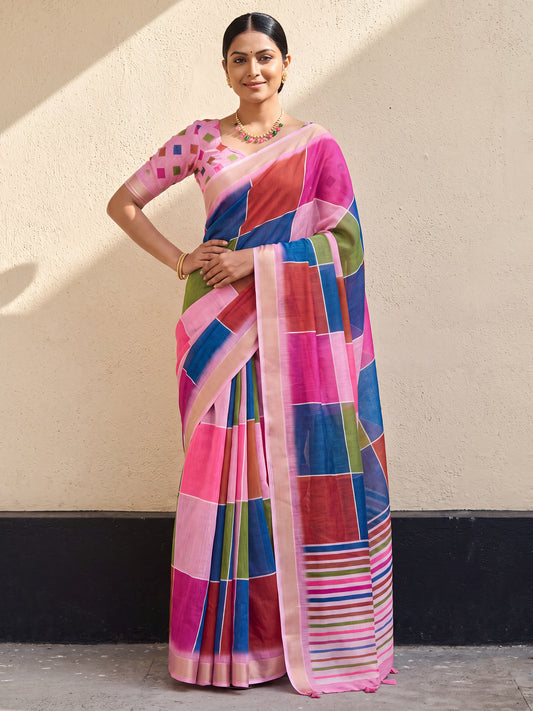 Woman wearing multicolored linen saree with colorblocked design and pink blouse