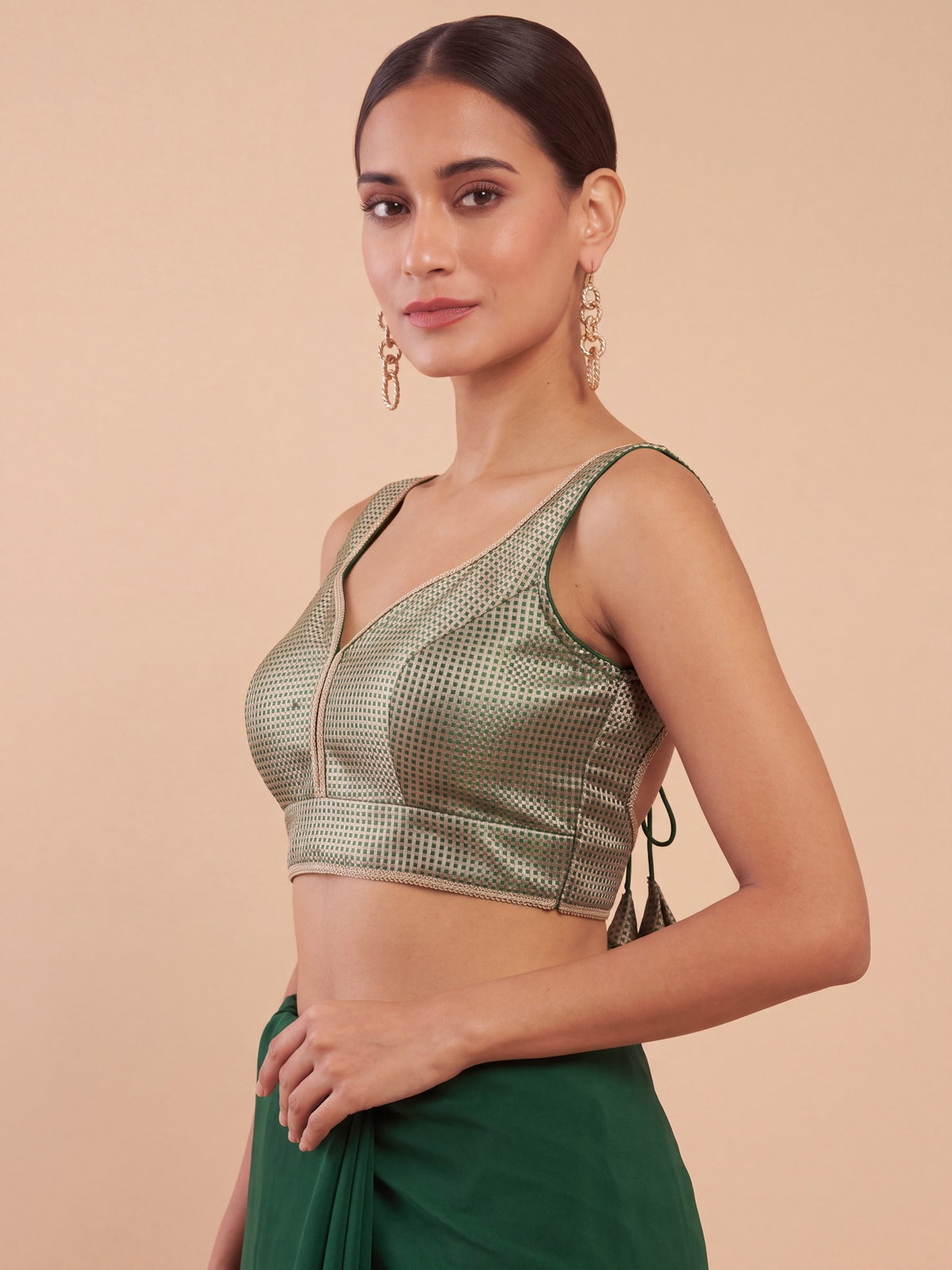 Navy Blue woven metallic jacquard sleeveless readymade saree blouse with sweetheart neck view 4