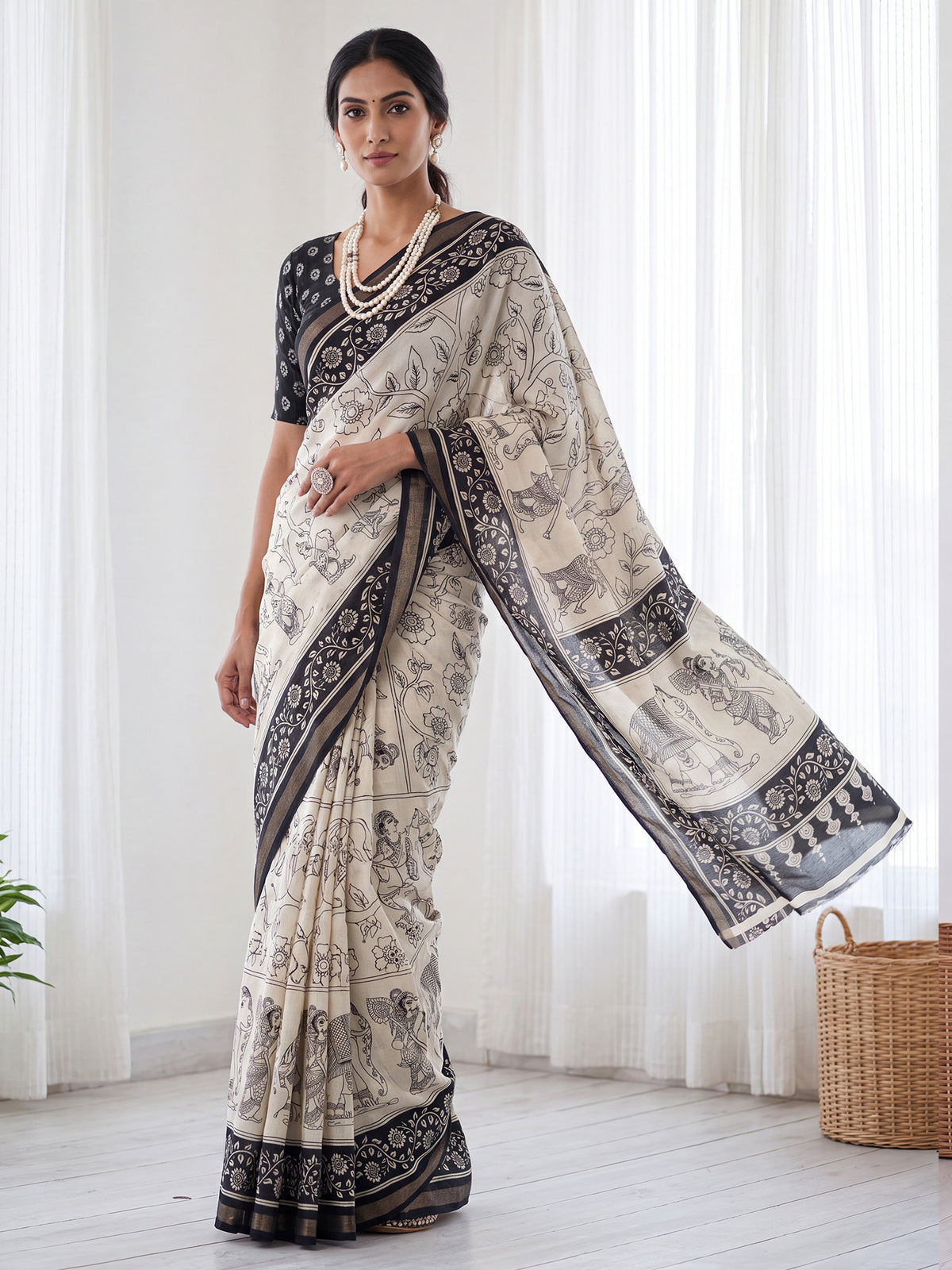 Beige Mulmul saree – detail view 3
