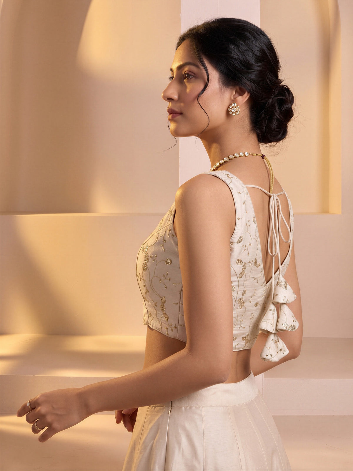 Off White sequin embroidered vichitra silk sleeveless readymade saree blouse with v neck view 2