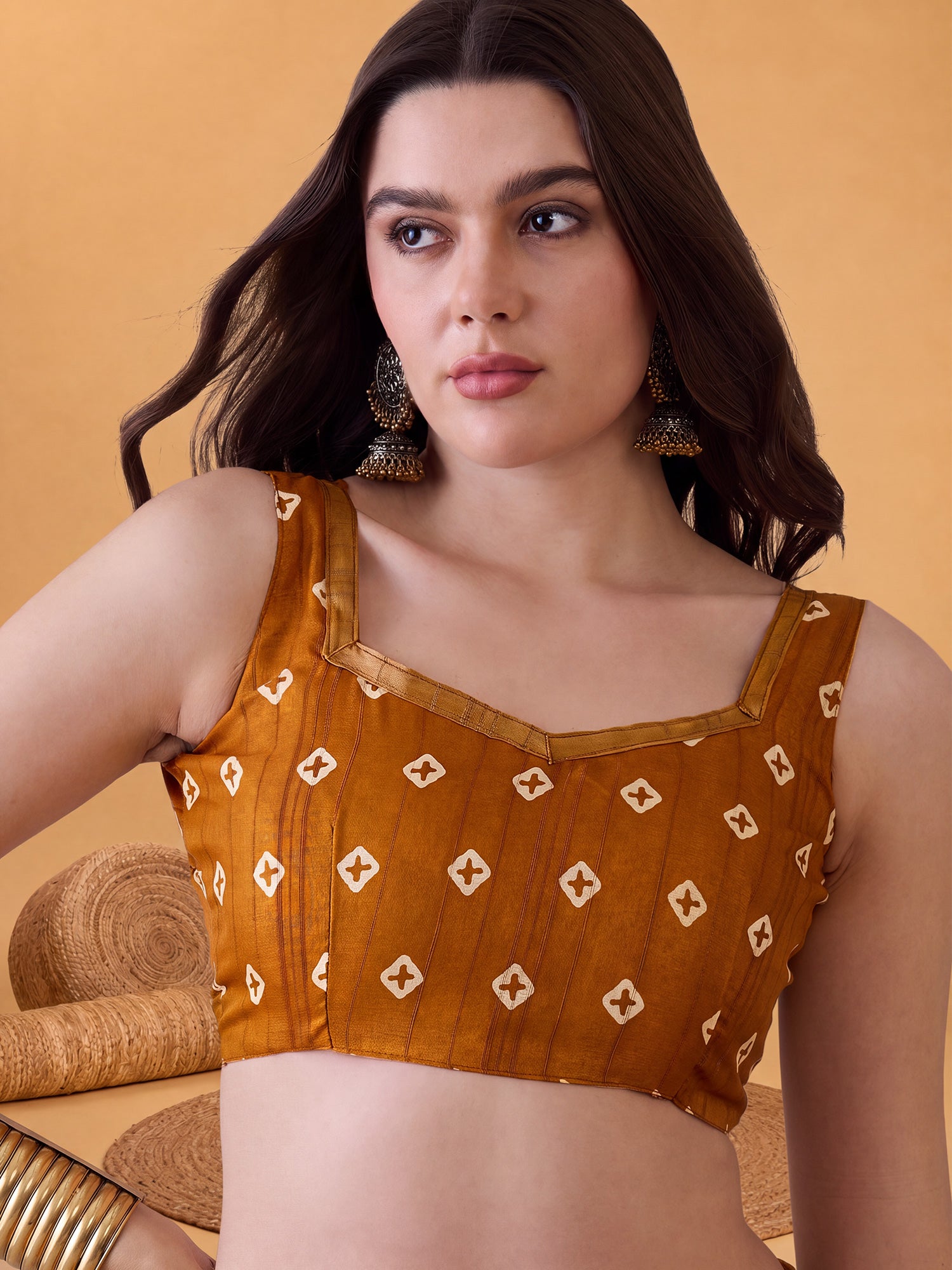 Unstitched mustard silk blend blouse piece with batik design