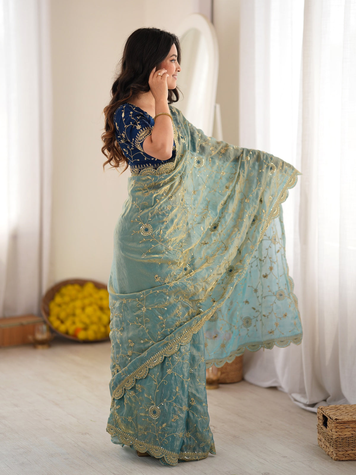Light Blue organza saree view 3