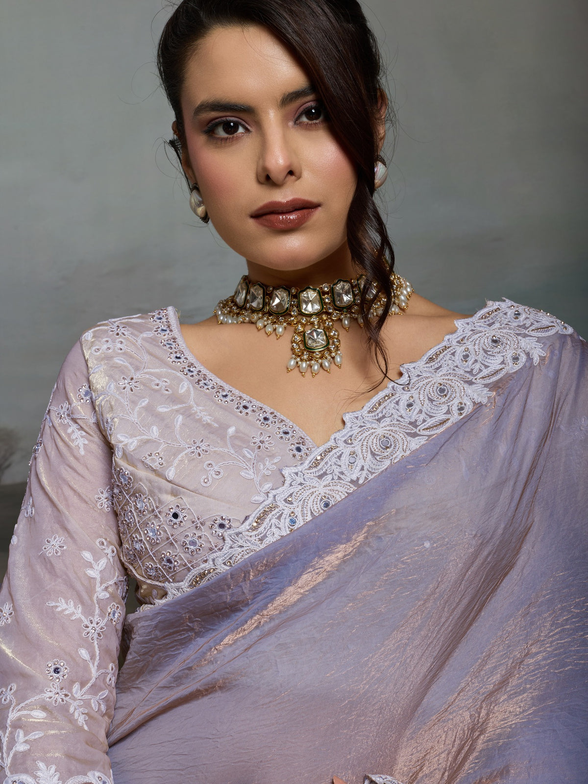 Lavender Satin Silk saree – detail view 1
