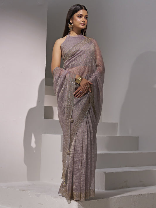 Lavender organza saree view 1