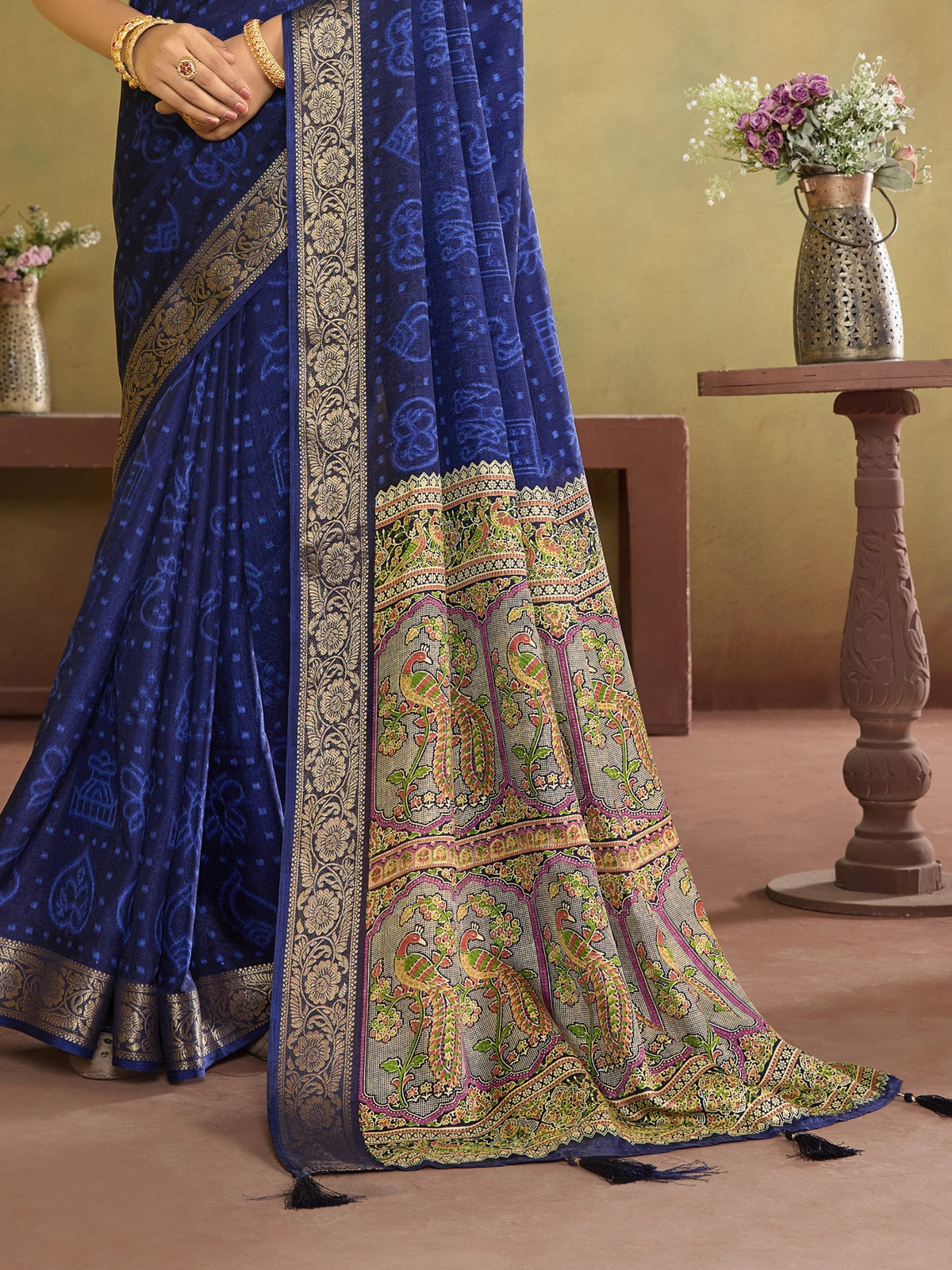 Blue tussar silk saree view 1
