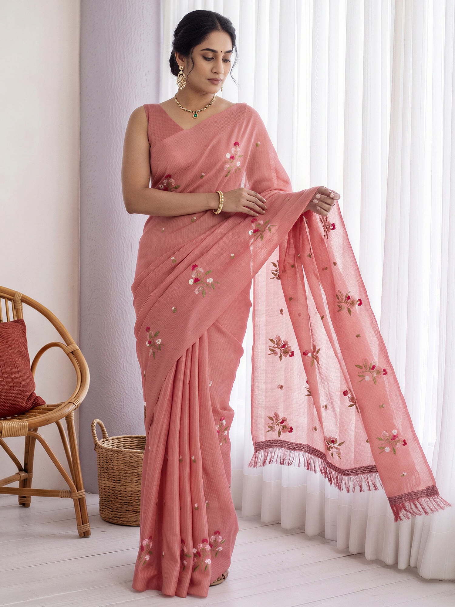 Peach Kota Doria Cotton saree – detail view 3