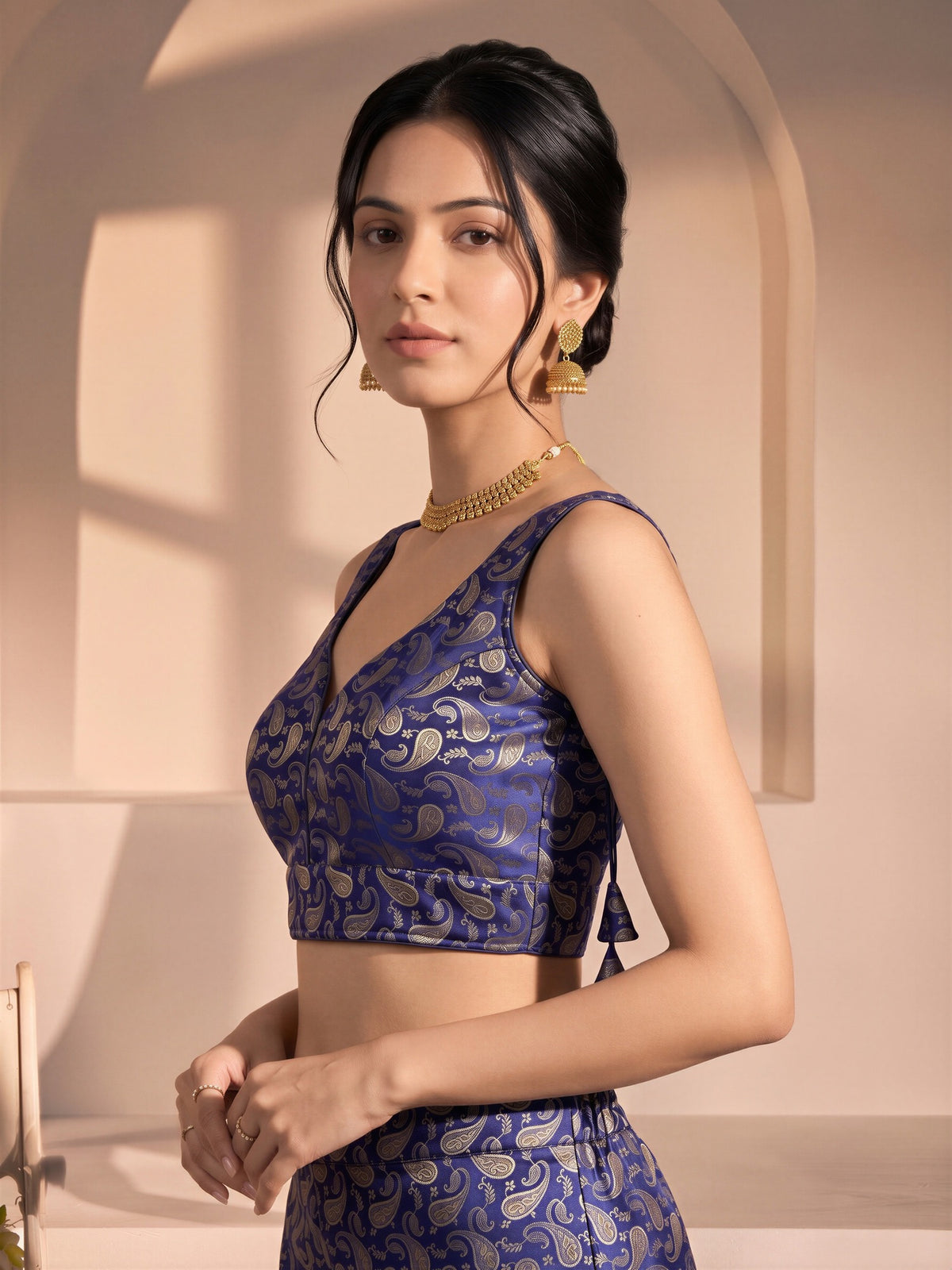 Navy Blue woven brocade silk blend sleeveless readymade saree blouse with v neck view 1