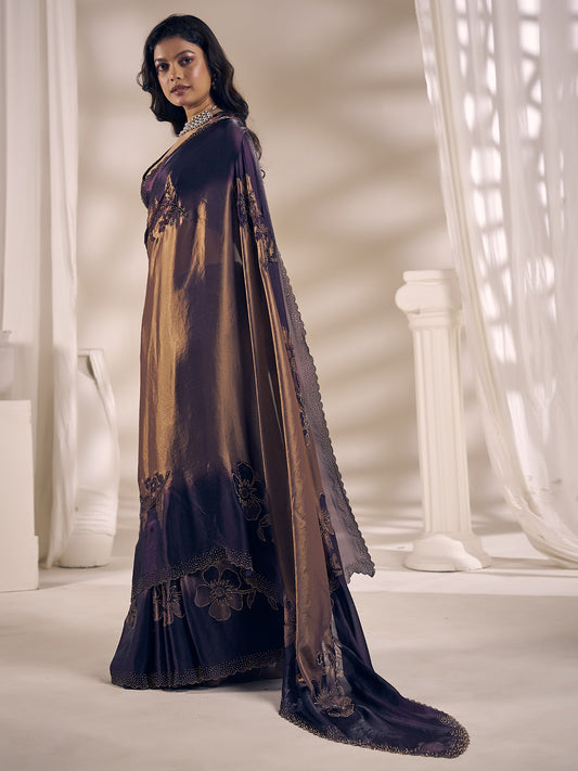 Purple satin silk saree view 1
