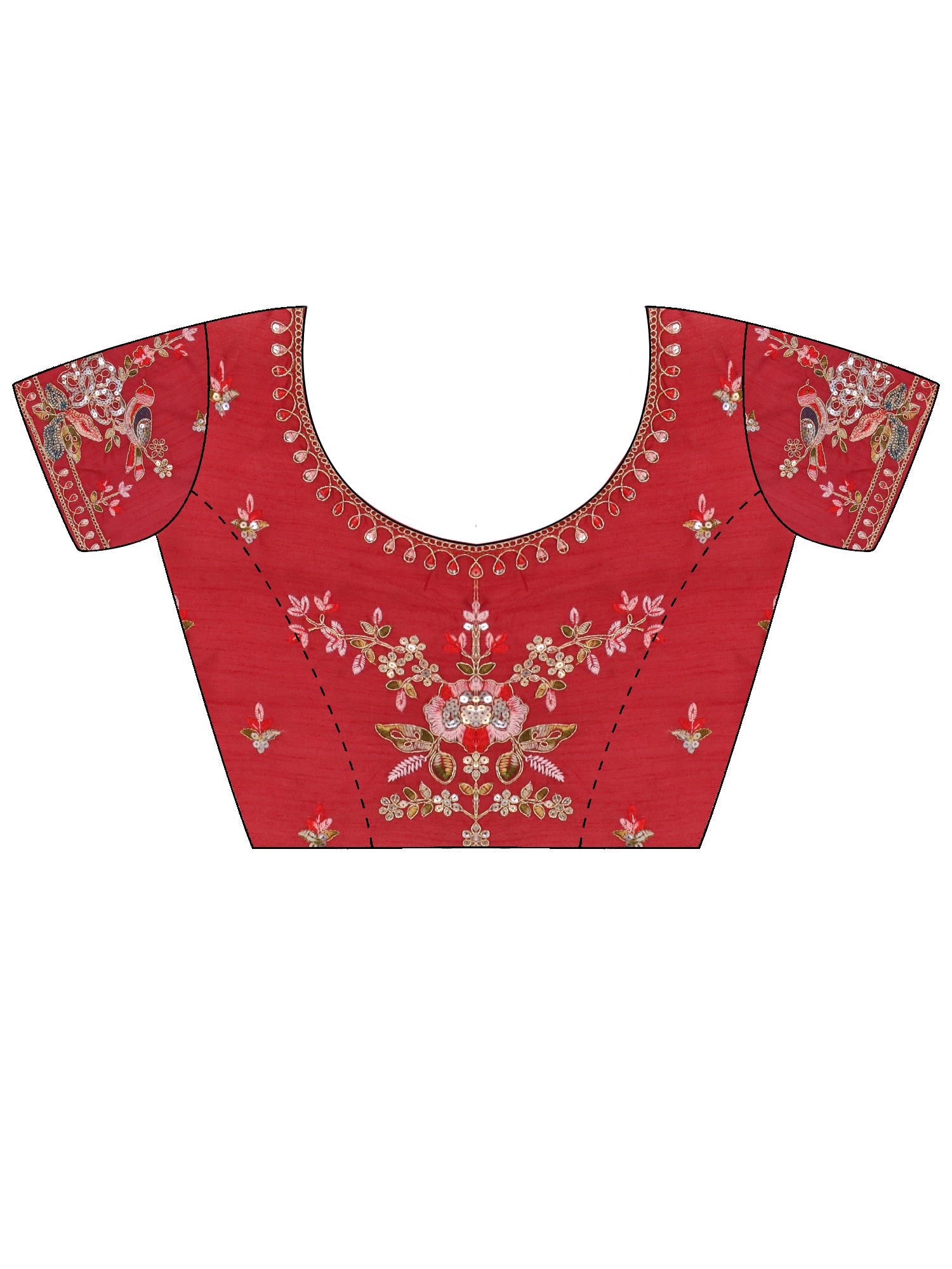 Unstitched red organza blouse piece with embellished design