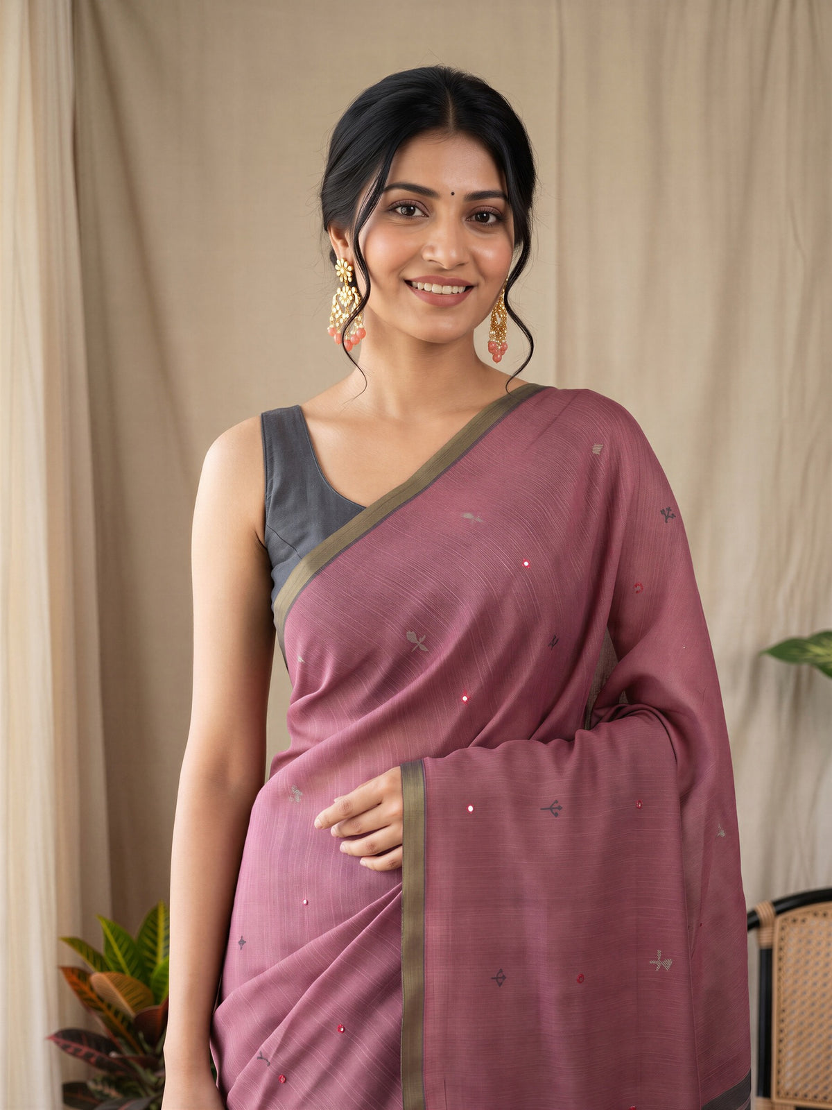 Wine Linen Blend saree – detail view 4