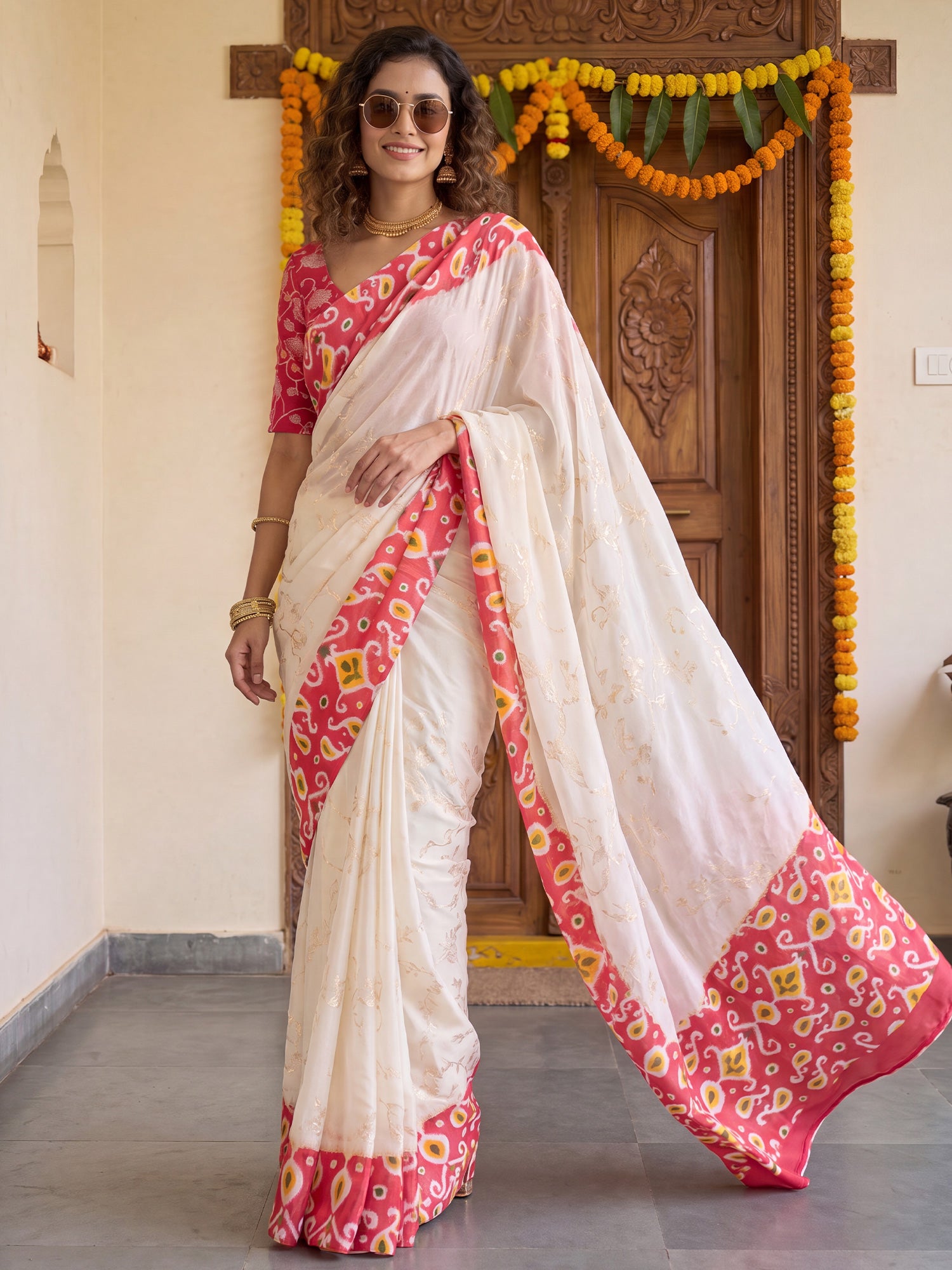 Cream Georgette saree – detail view 3