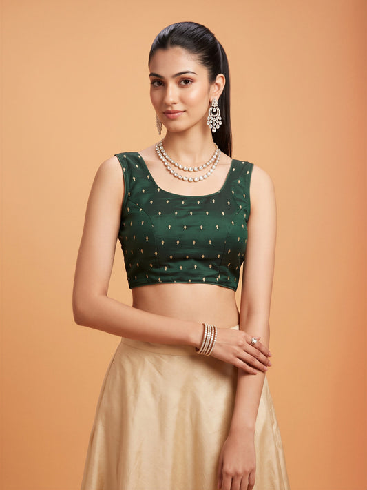 Dark Green sequin embellished silk blend sleeveless readymade saree blouse with round neck
