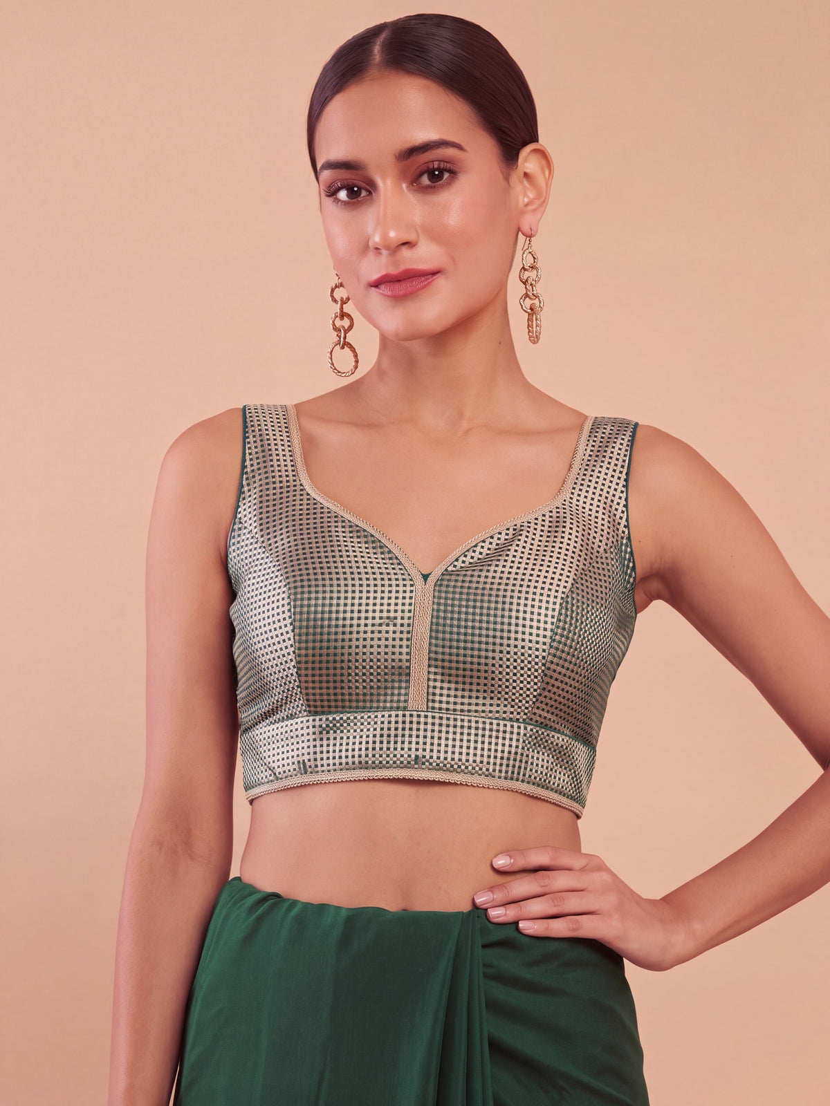 Dark Green woven metallic jacquard sleeveless readymade saree blouse with sweetheart neck