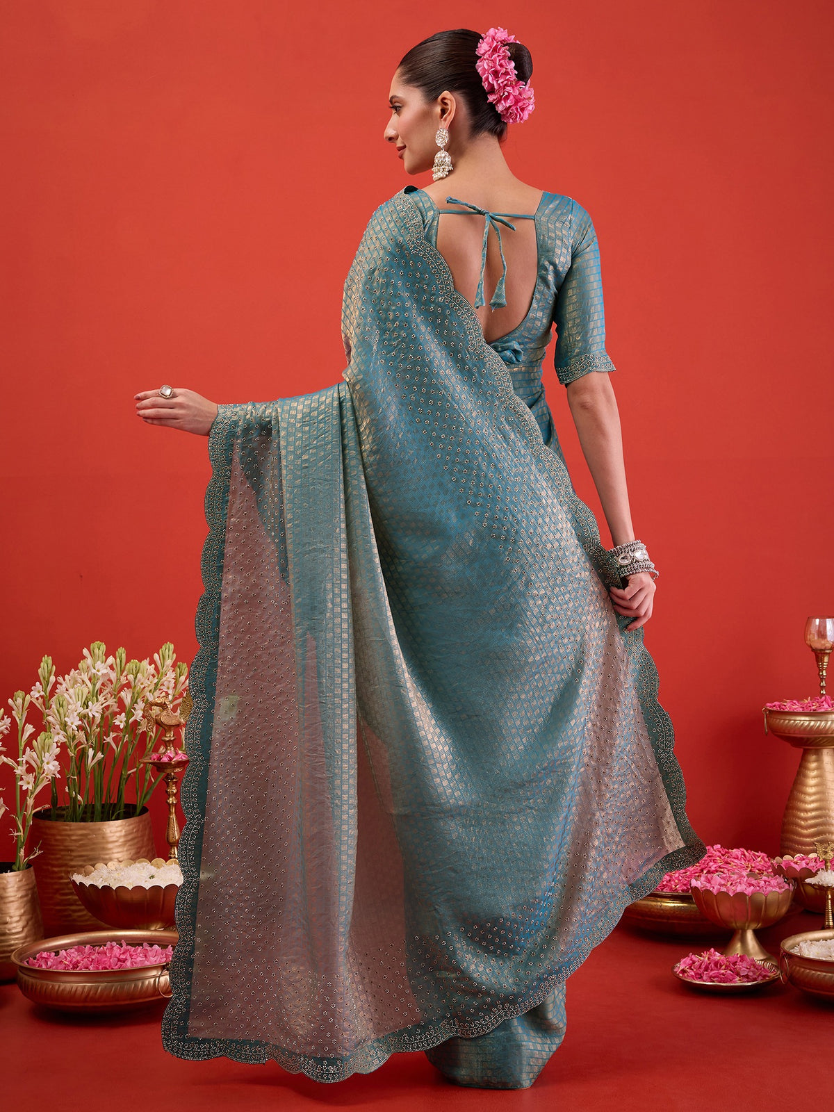 Light Blue Satin saree – detail view 1