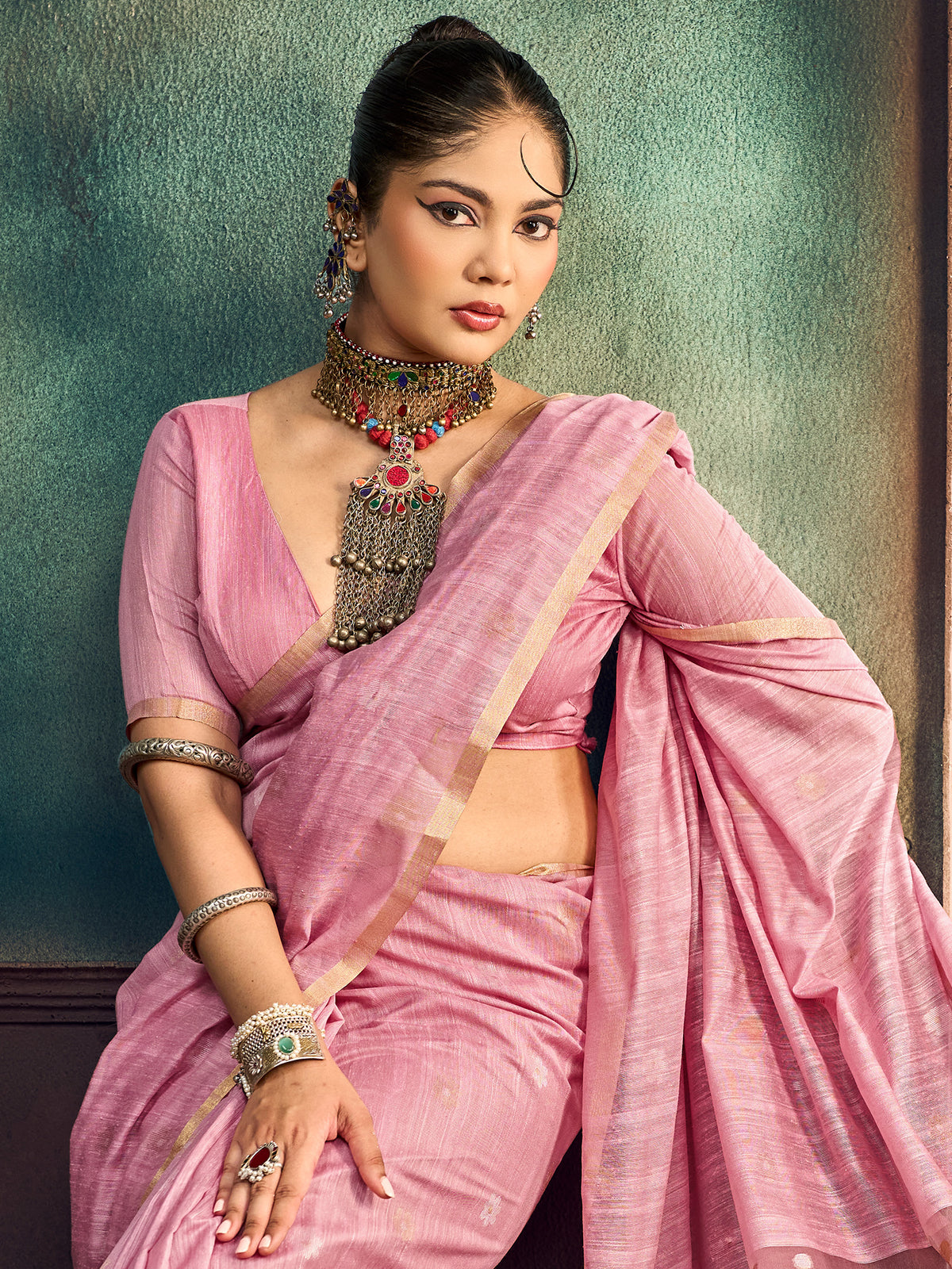 Pink Muga Cotton saree – detail view 4