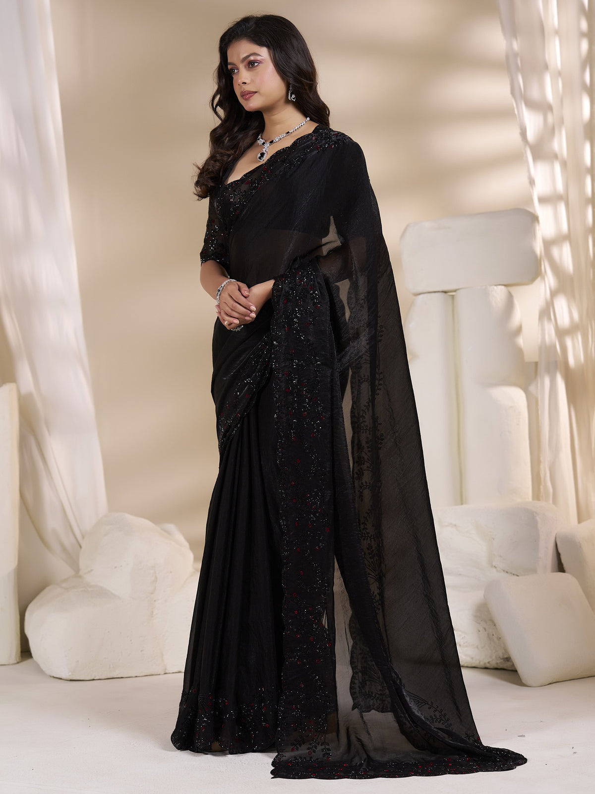 Black satin silk saree view 3