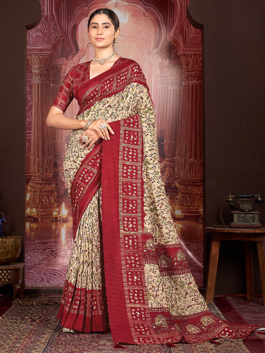Cream ethnic motif tussar silk saree with maroon blouse piece