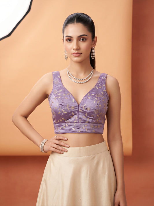 Lavender sequin embellished silk blend sleeveless readymade saree blouse with v neck