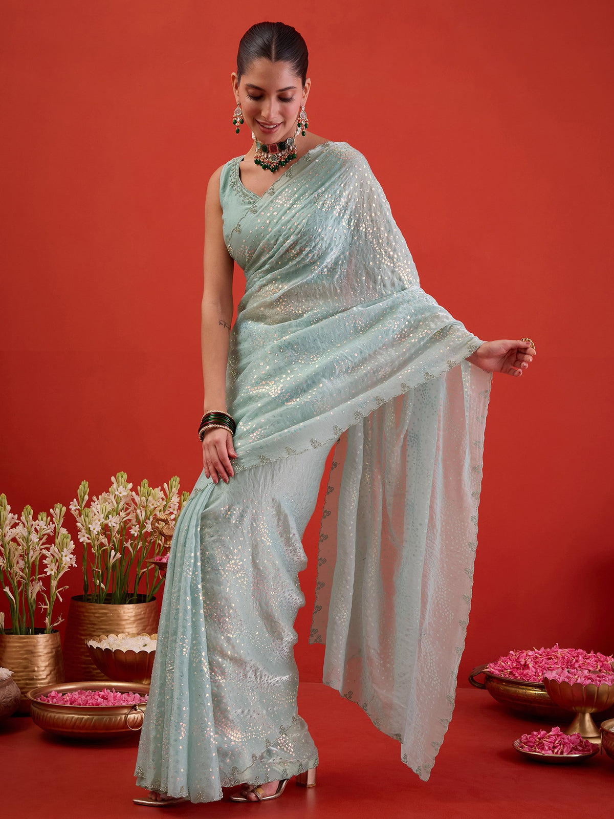 Light Blue Satin saree – detail view 2