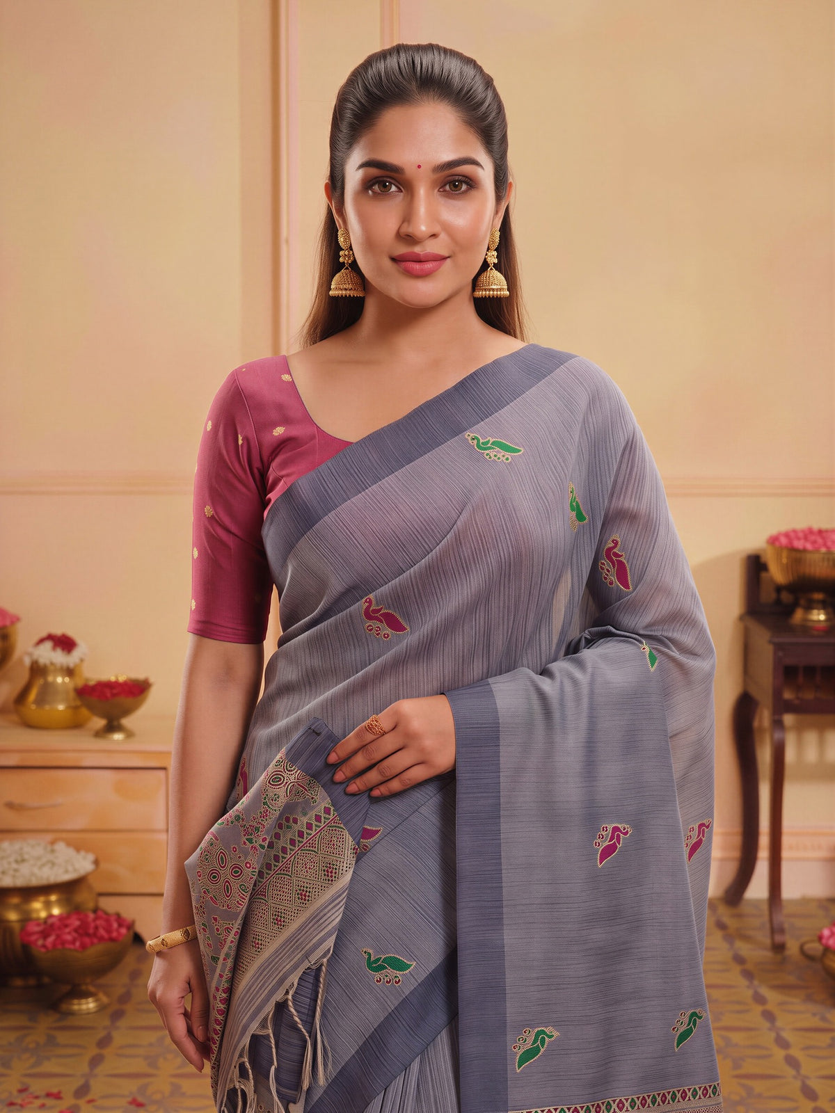 Grey Melange silk blend saree view 4