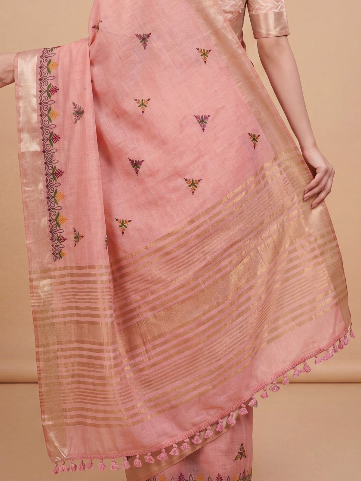 Pink Cotton Linen saree – detail view 5