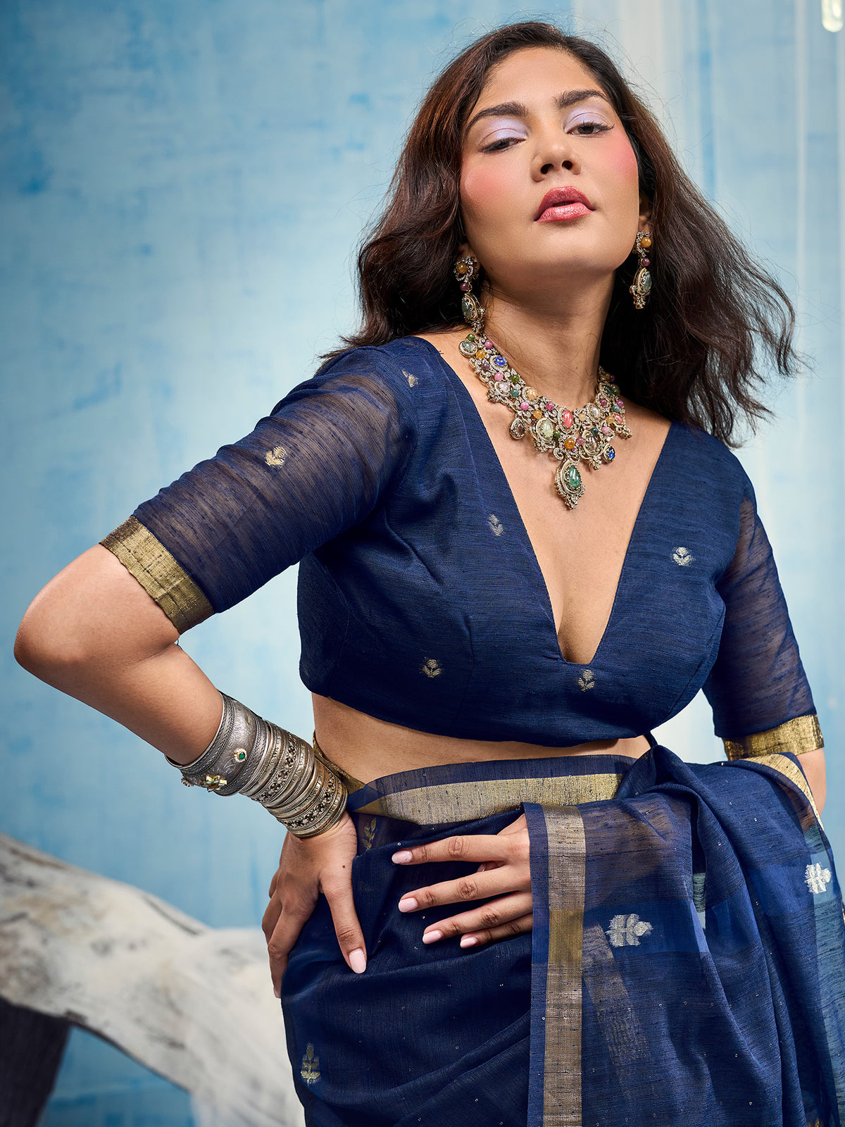 Unstitched navy blue muga silk blouse piece with zari butta design