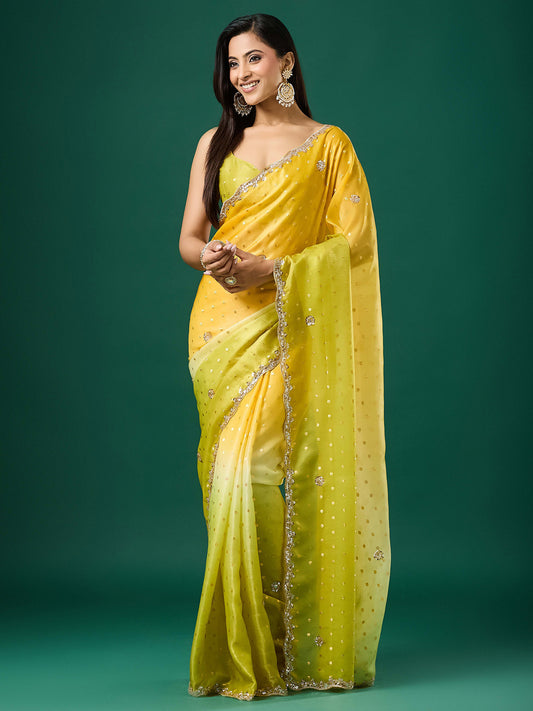 Woman wearing yellow satin saree with ornamented surface design and light green blouse