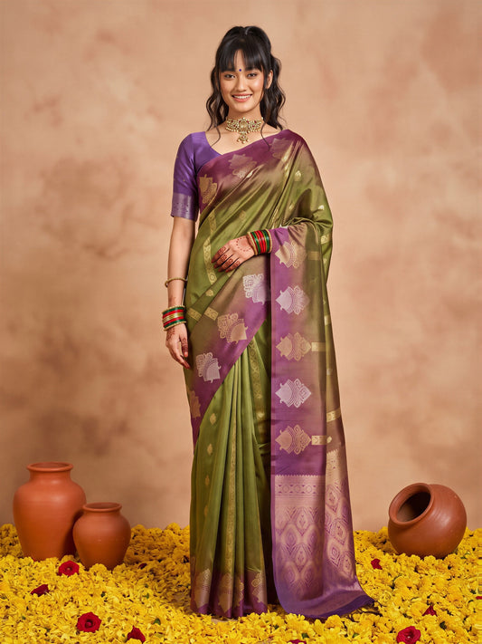 Woman wearing green cotton blend saree with ornamented surface design and purple blouse