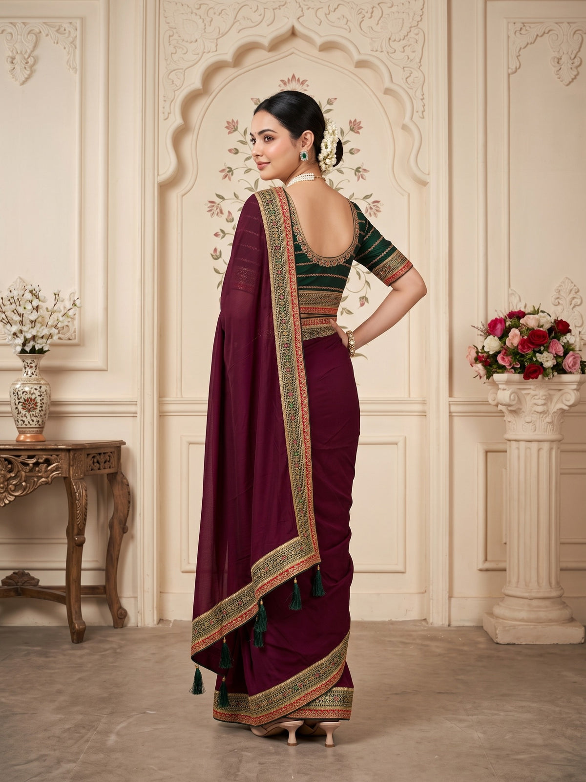 Wine Vichitra Silk saree – detail view 1