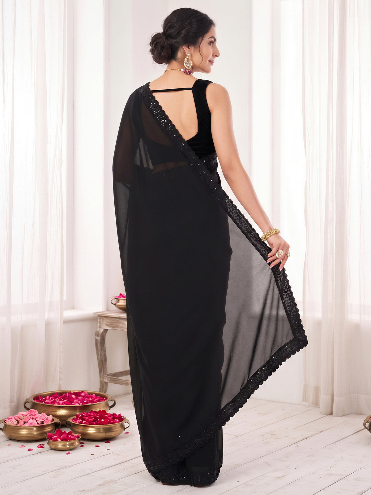 Black Georgette saree – detail view 1