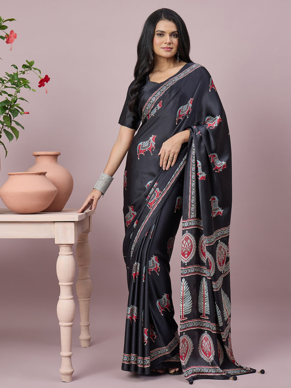 Black satin saree view 4